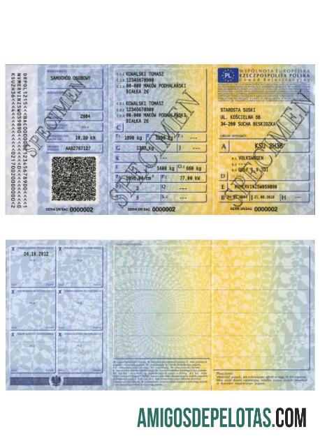 Modelo de certificado de registro de veículo na Polônia